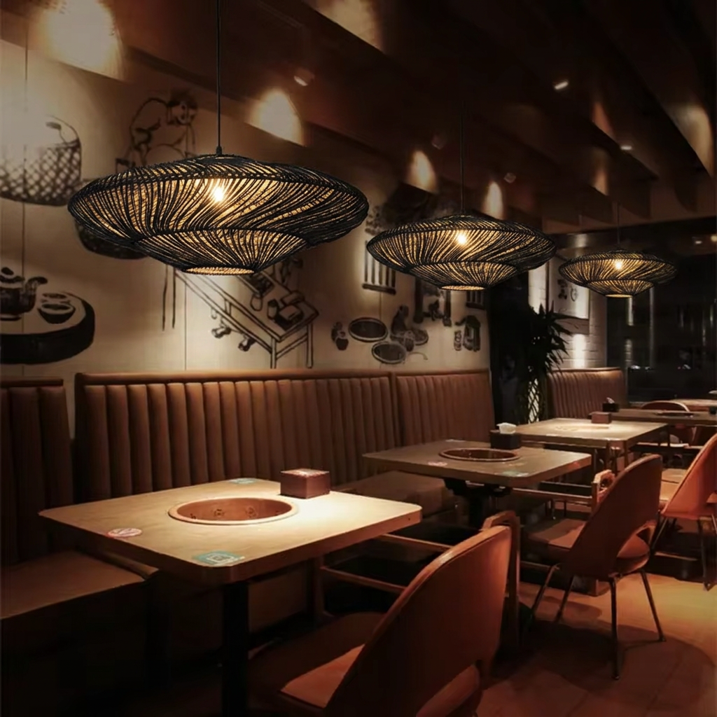 Restaurant scene with black woven pendant lights