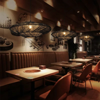 Restaurant scene with black woven pendant lights