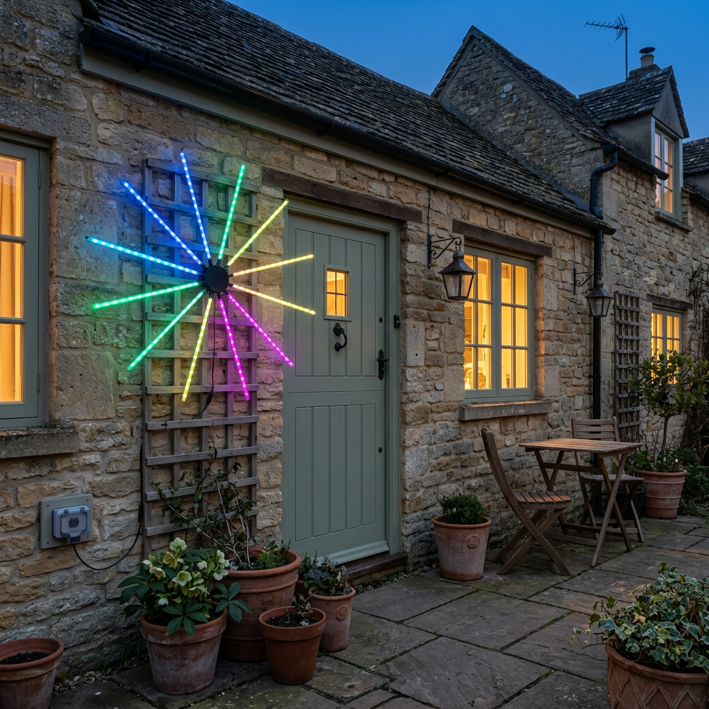 Colour-changing firework light in a cottage courtyard for Christmas
