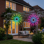 RGB firework lights glowing in a UK garden at dusk
