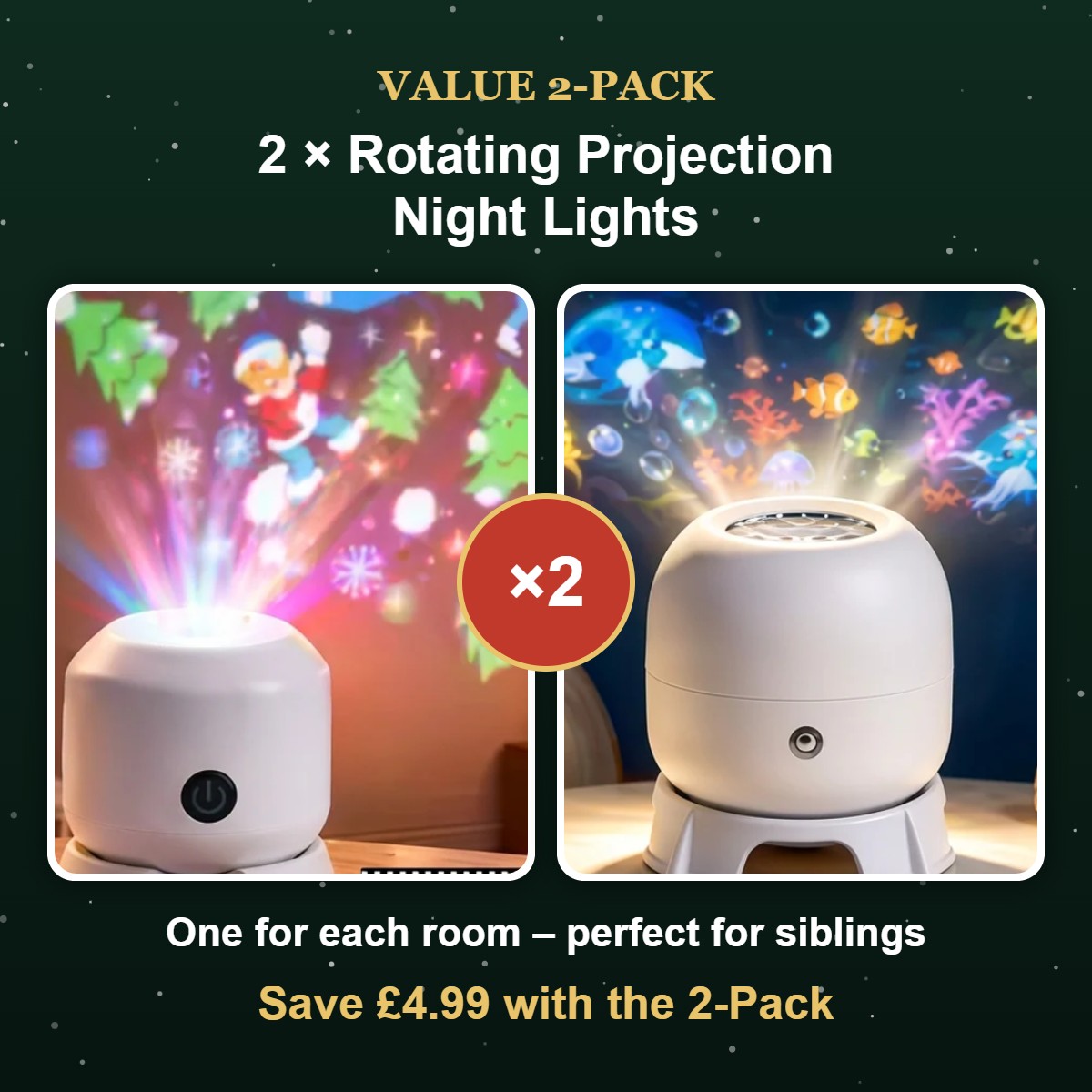 2-pack rotating LED projection night lights – Christmas and ocean projectors, save £4.99