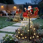 Santa sleigh lights along a contemporary UK garden pathway