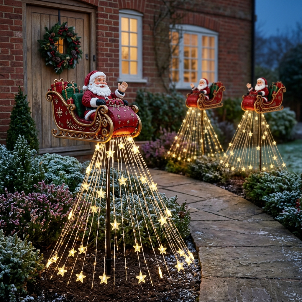 Santa sleigh lights beside a UK cottage garden path
