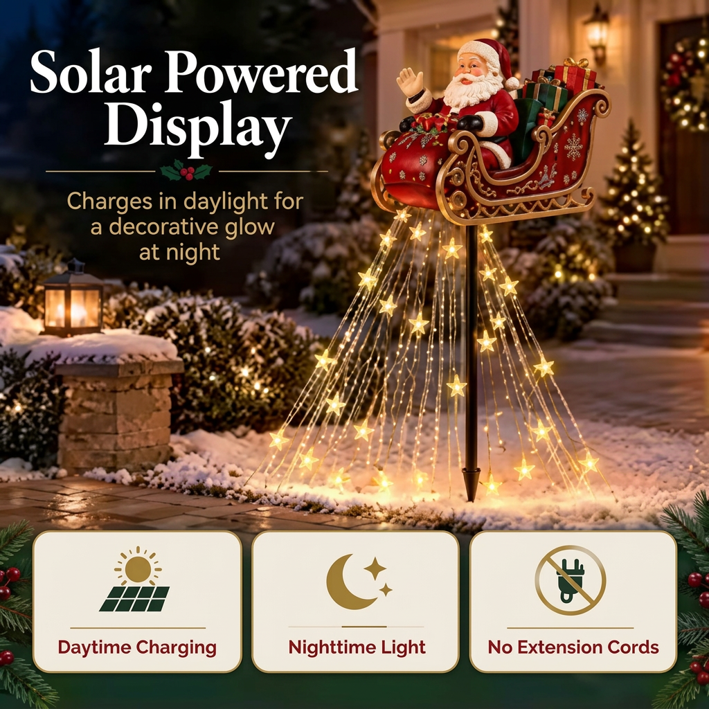 Santa sleigh solar display with three feature cards