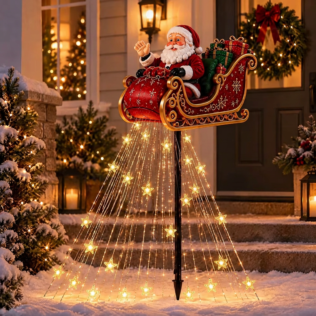 Santa sleigh solar garden light with cascading stars