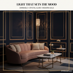 Seren gold crystal floor lamp in an Art Deco living room with navy panelled walls