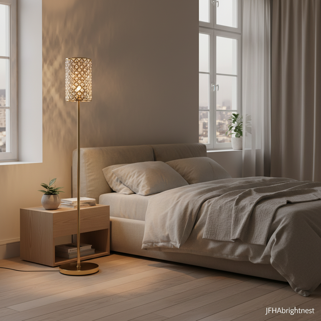 Seren crystal floor lamp beside a bed in a bright bedroom