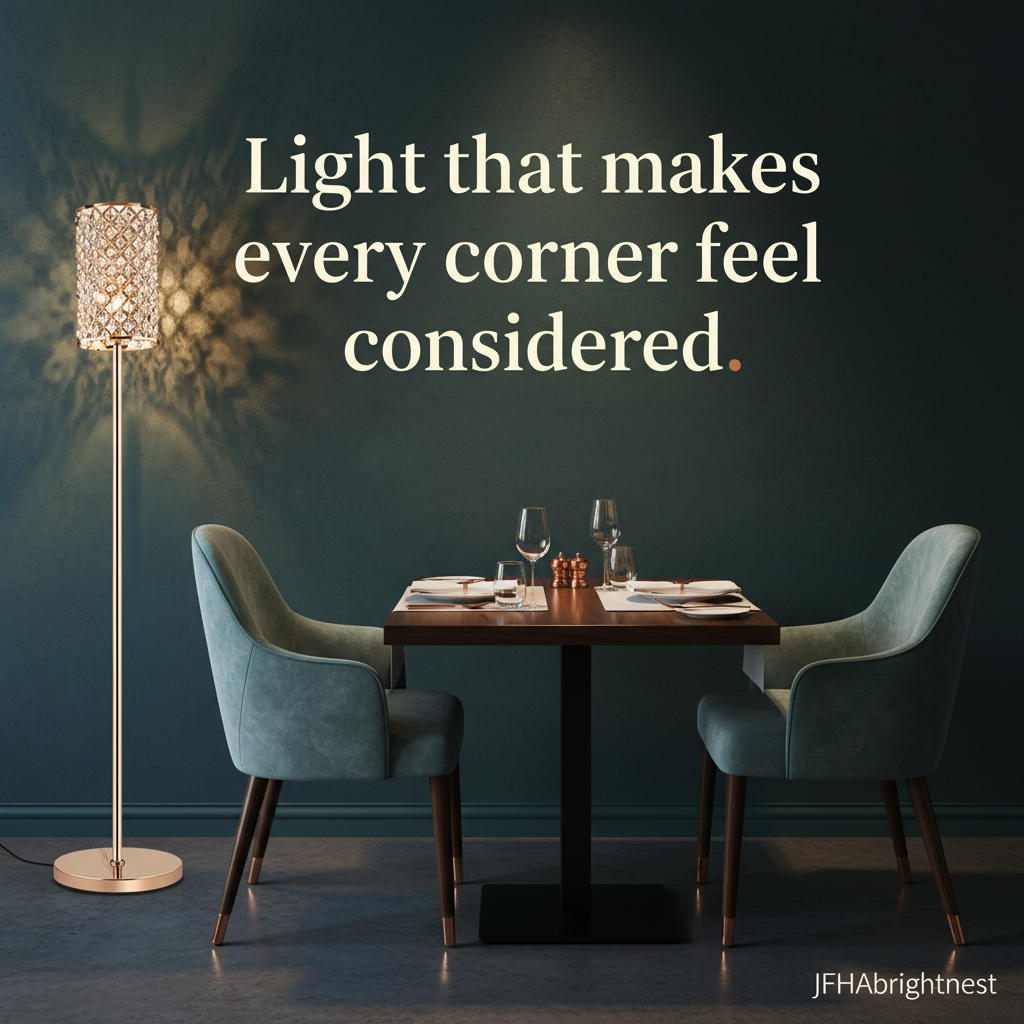 Seren crystal floor lamp casting light patterns beside a dining table