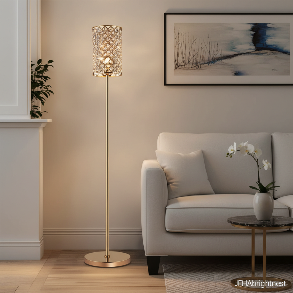 Seren gold crystal floor lamp lit beside a cream sofa in a living room