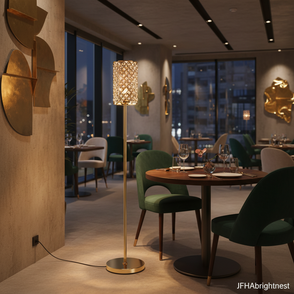 Seren gold crystal floor lamp beside a table in a restaurant