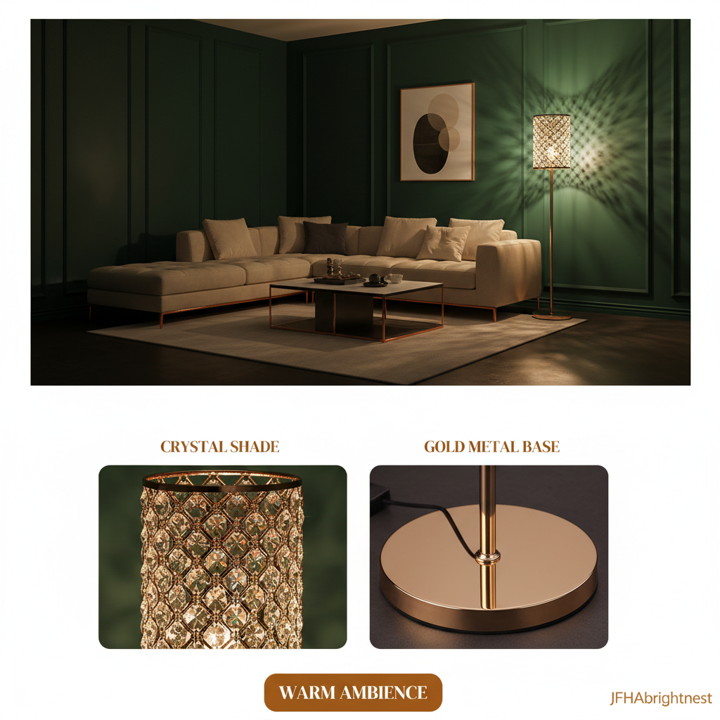Seren floor lamp in a green living room with close-ups of the crystal shade and gold metal base