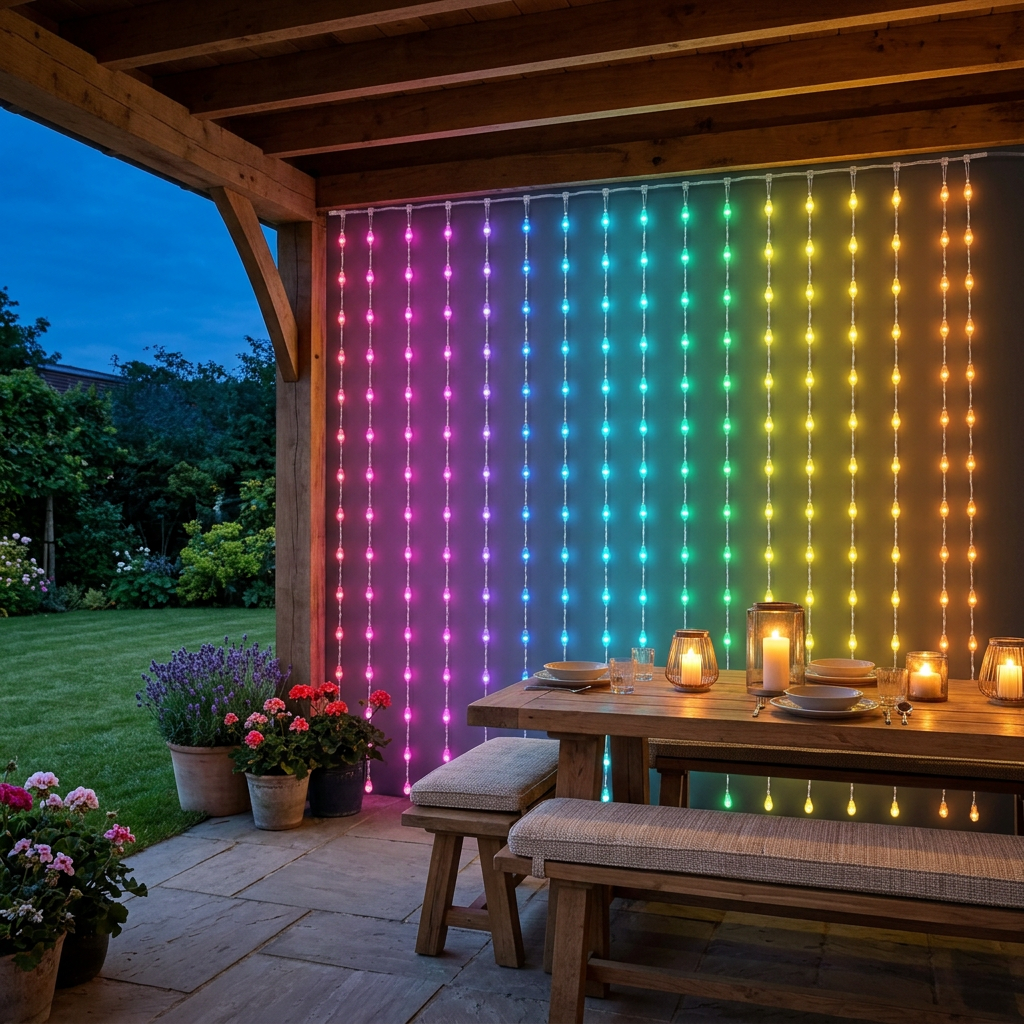 RGB LED Christmas curtain lights hanging on a sheltered garden patio