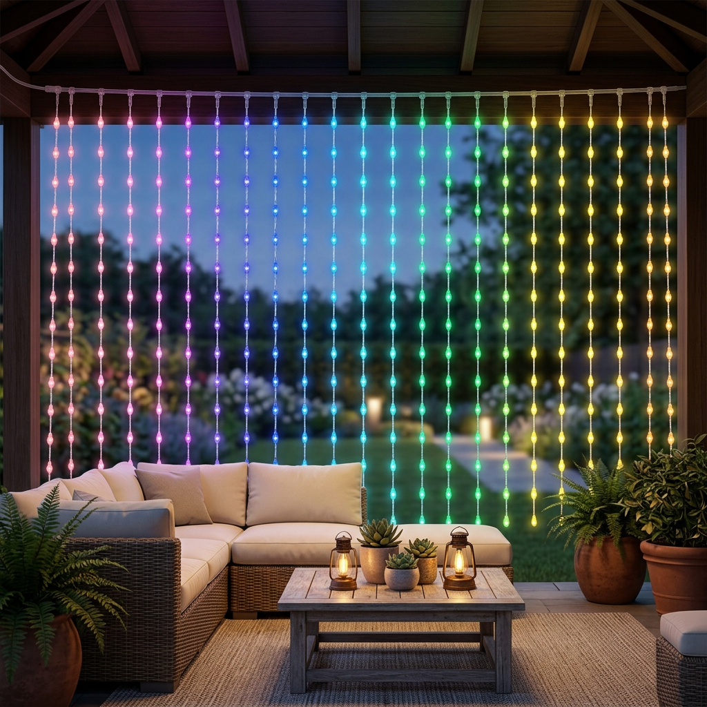 Colour-changing curtain lights decorating a sheltered patio