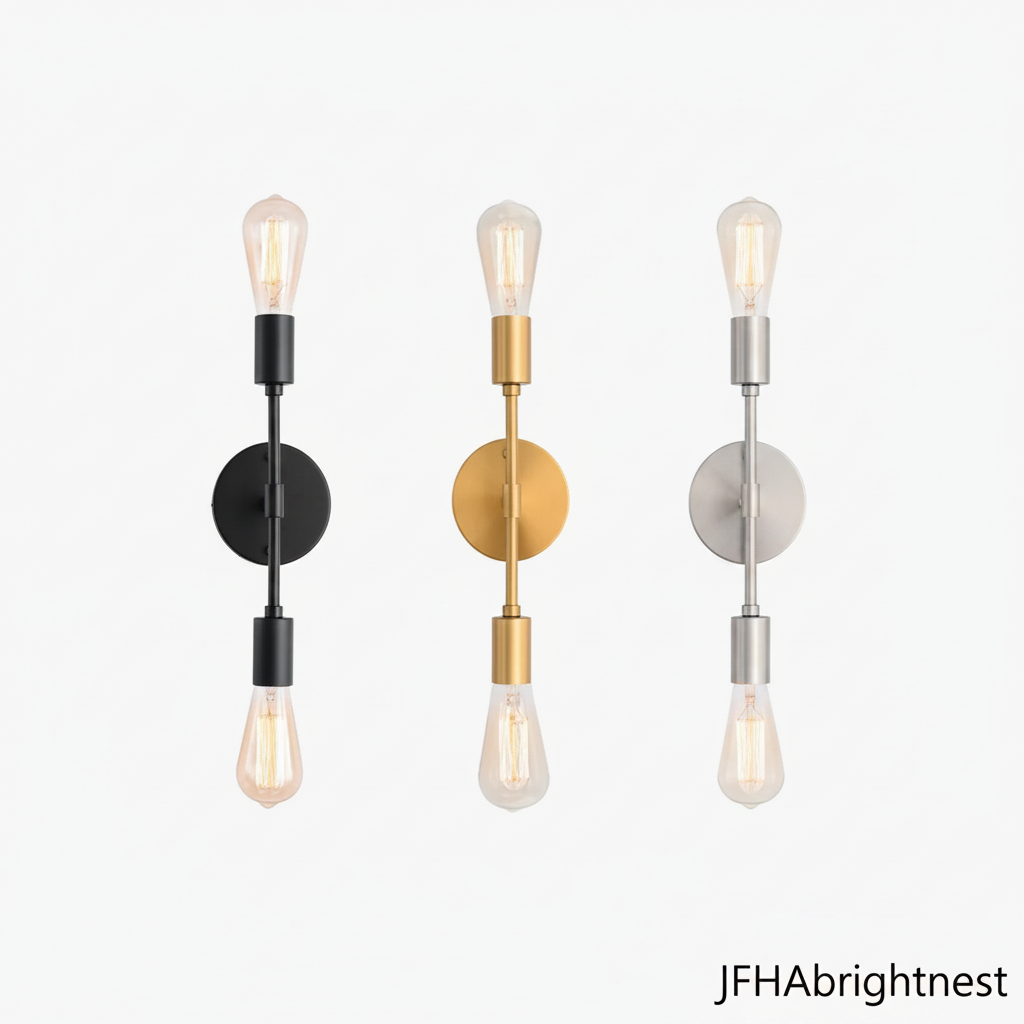 Orla 2-light wall light shown in matt black, brushed gold and brushed silver side by side