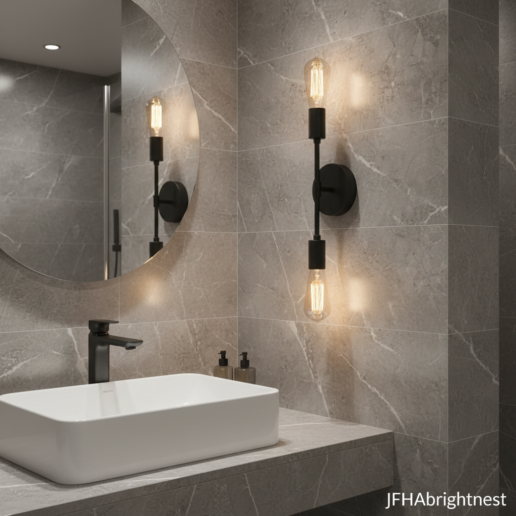 Matt black Orla wall light mounted beside a mirror in a grey stone bathroom