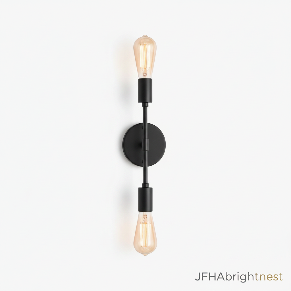 Orla 2-light wall light in matt black on a white wall with filament bulbs lit