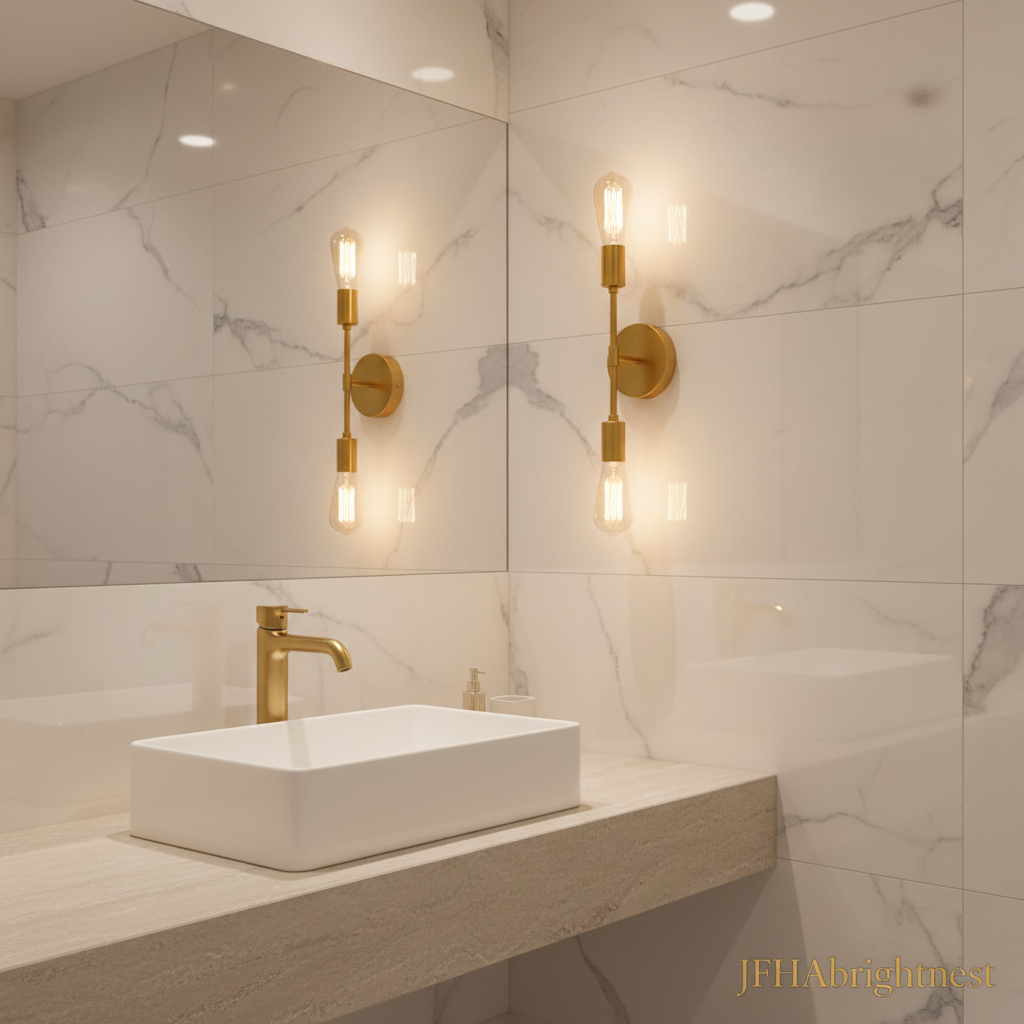 Brushed gold Orla wall light mounted beside a mirror in a white marble bathroom