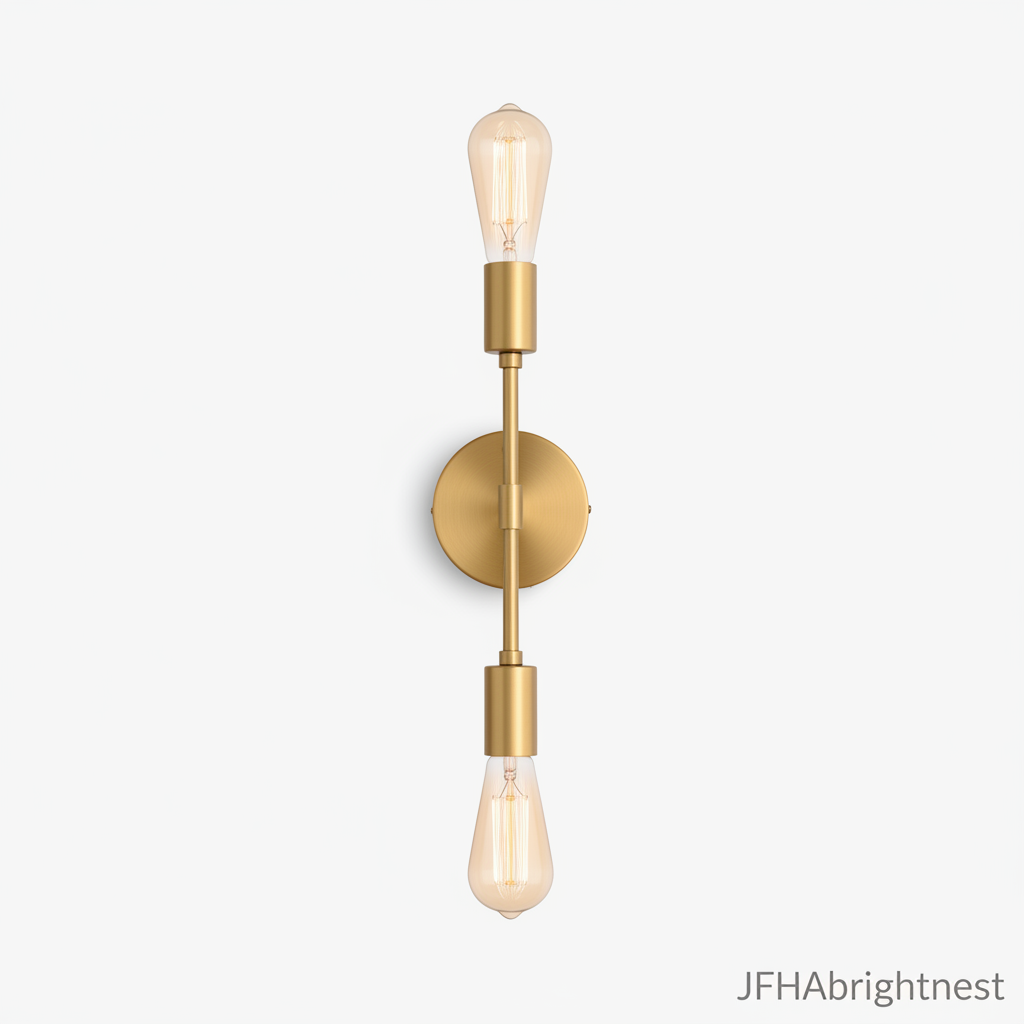 Orla 2-light wall light in brushed gold on a white wall with filament bulbs lit