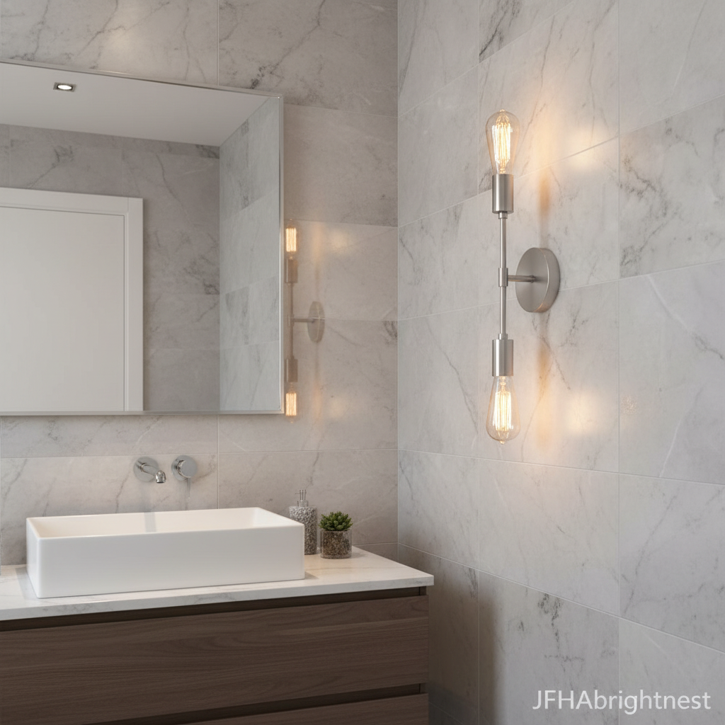 Brushed silver Orla wall light mounted beside a mirror in a marble bathroom