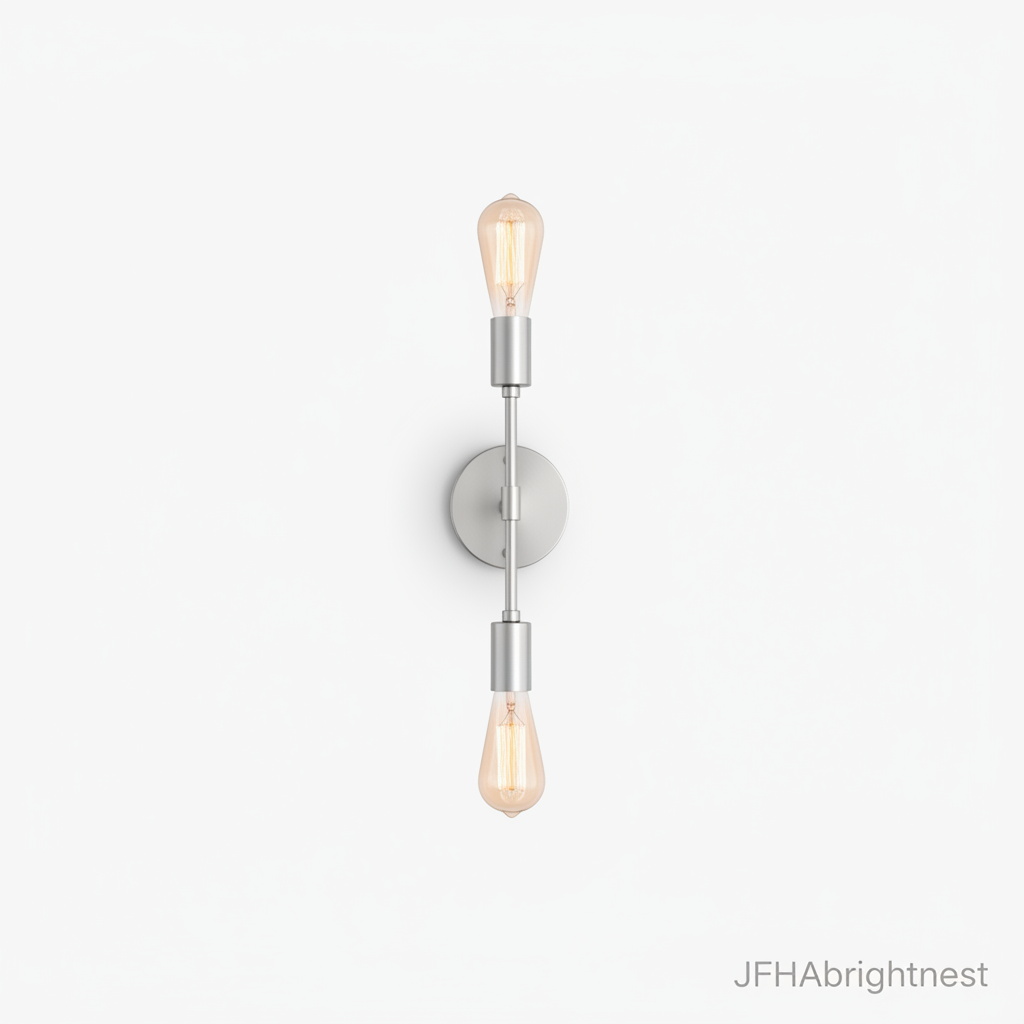 Orla 2-light wall light in brushed silver on a white wall with filament bulbs lit