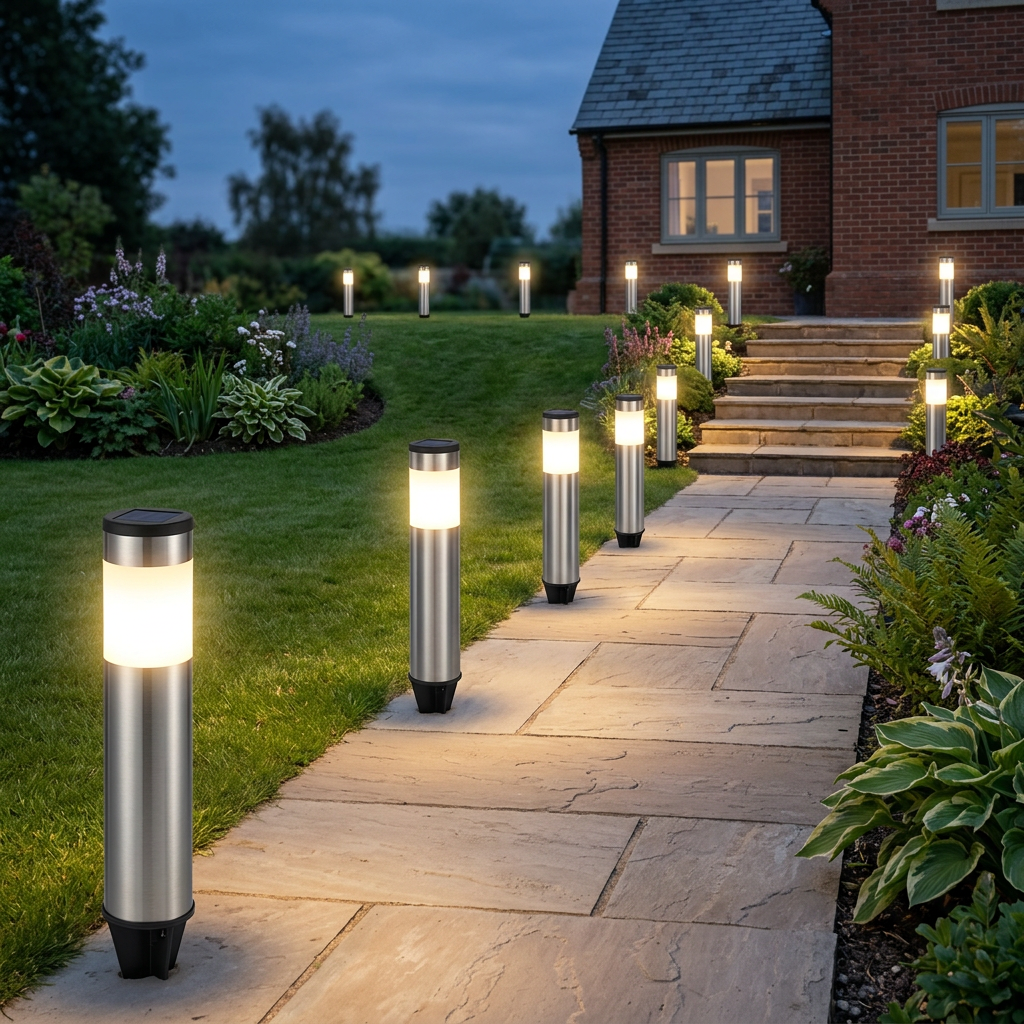 Silver Arden solar bollard lights lining a paved UK garden path at dusk