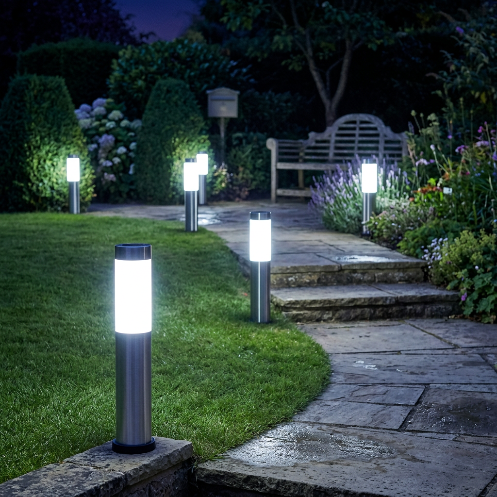 Silver solar path lights with cool white glow along a lawn path and steps