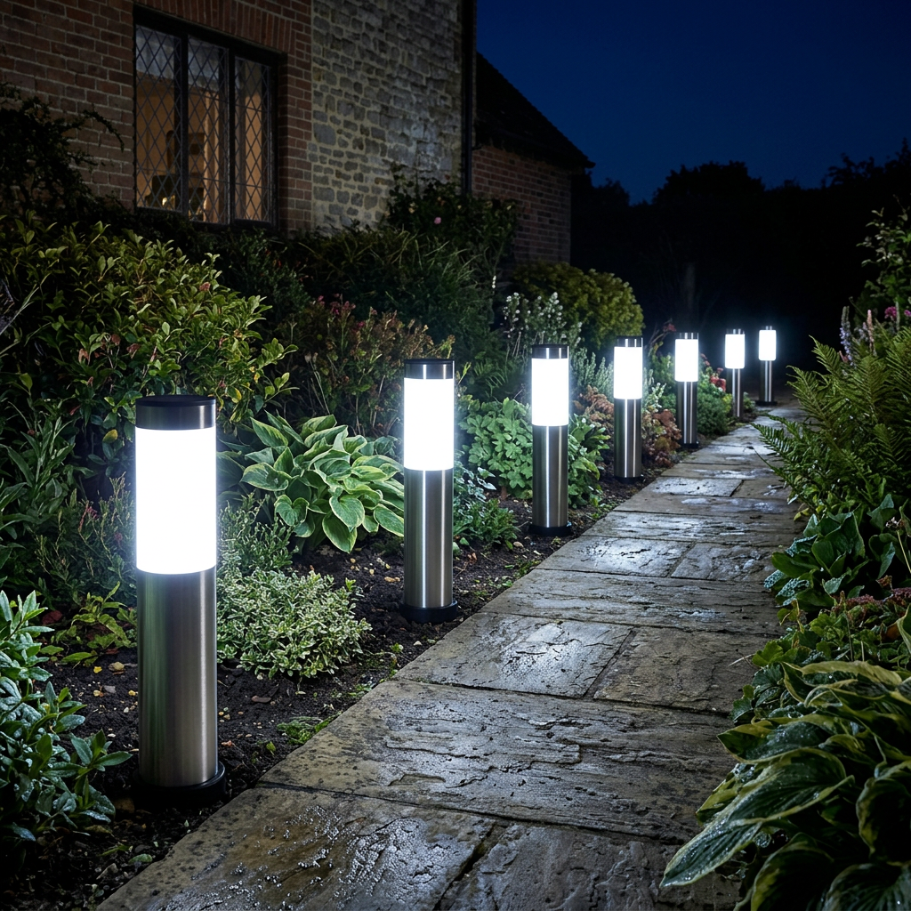 Silver solar path lights with cool white glow along a stone UK garden path