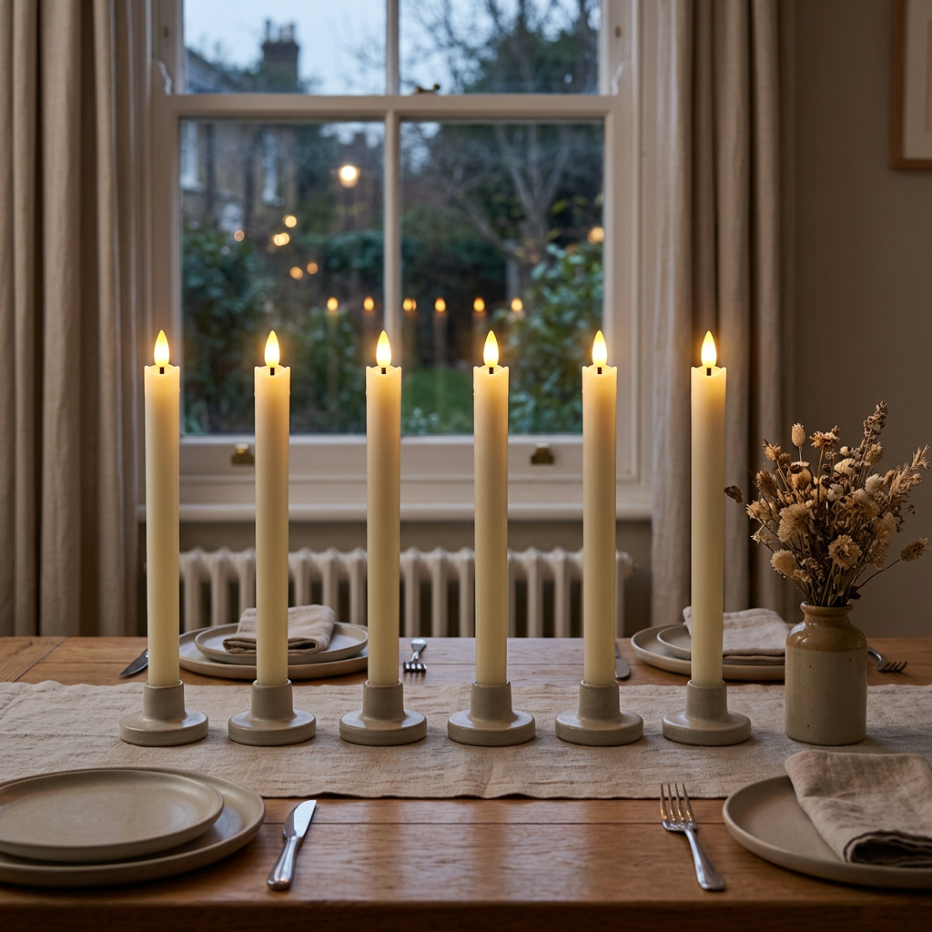 Six ivory candles on a dining table in a UK home