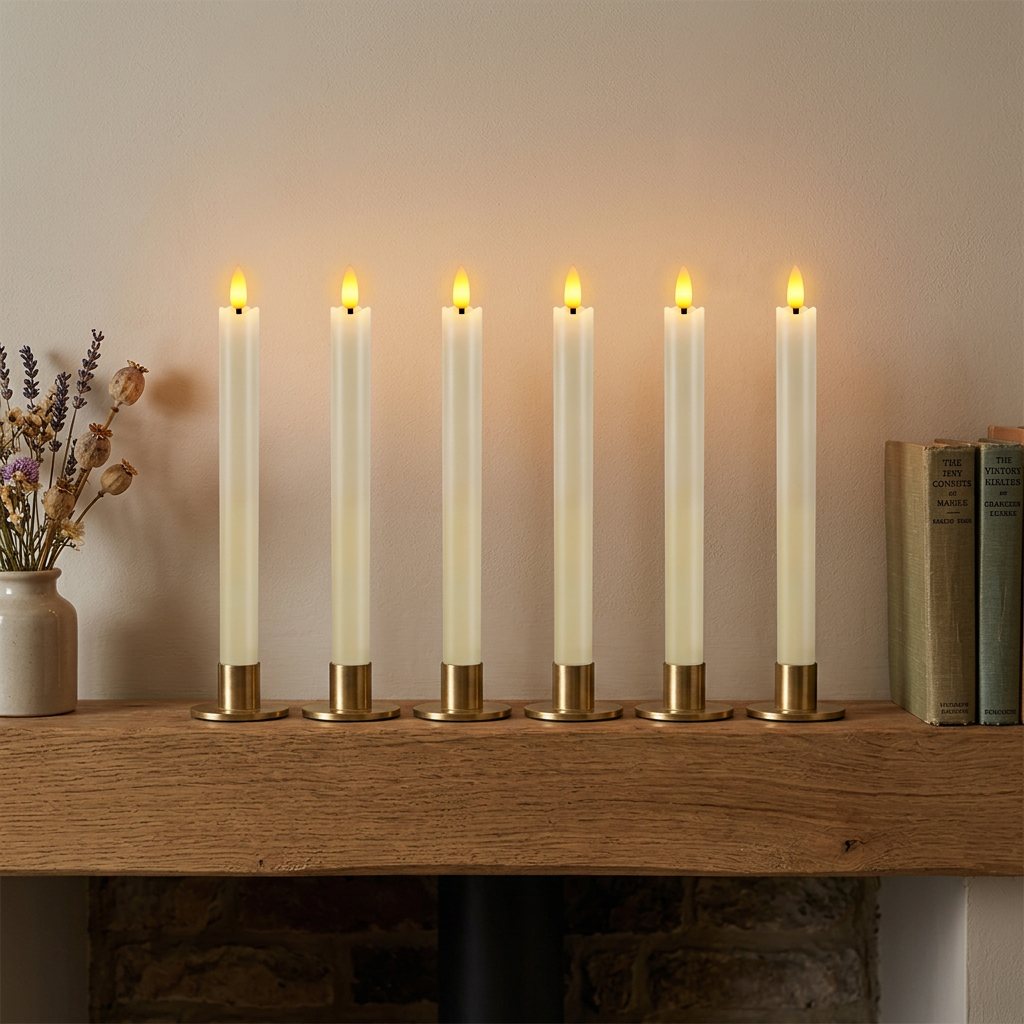 Six ivory candles on a UK cottage mantelpiece