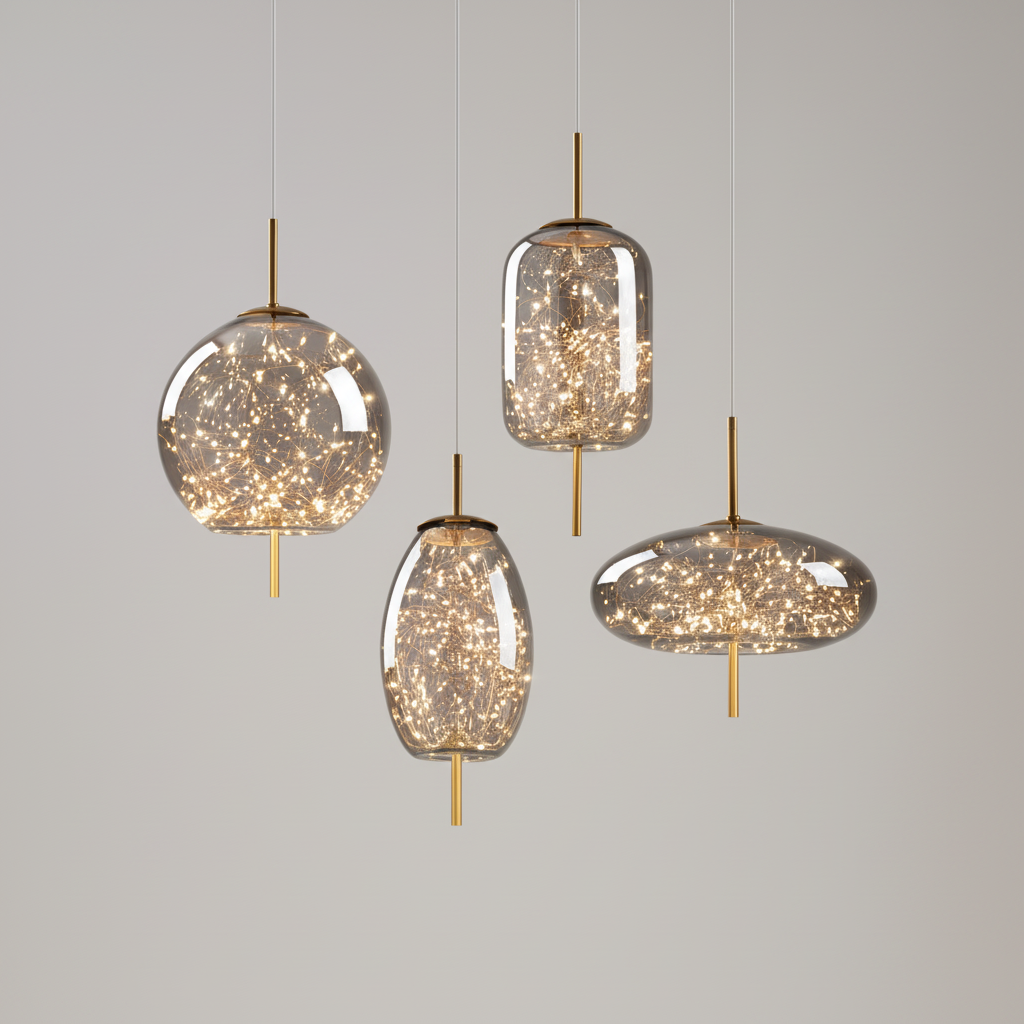 4-head art glass pendant light set in smoke grey: globe, capsule, oval and disc shades with gold-tone stems
