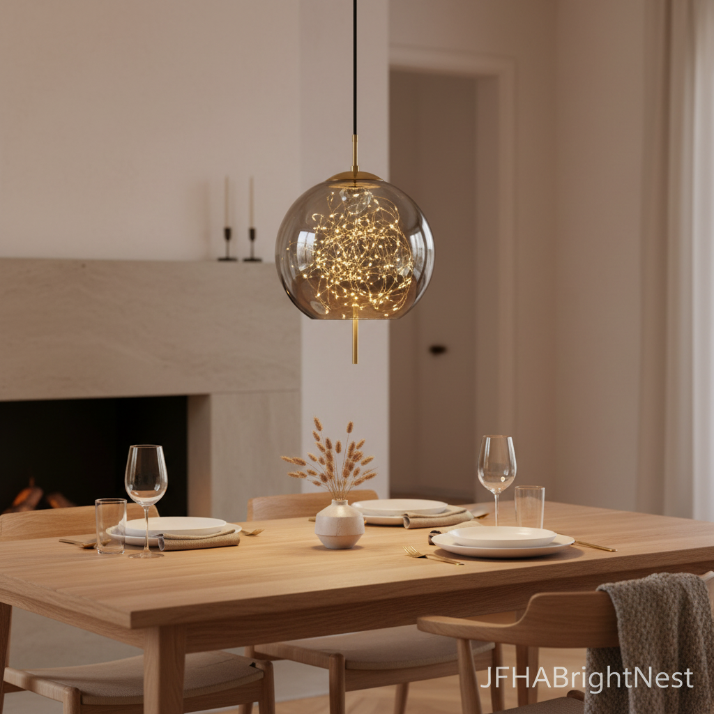 Smoke grey globe glass pendant light above a dining table set for dinner