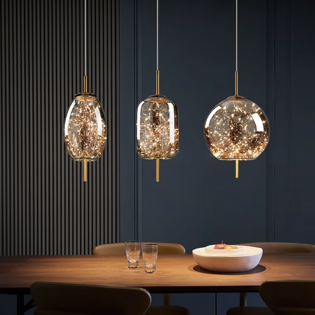 3-head smoke grey glass pendant light set, oval, capsule and globe, over a dining table