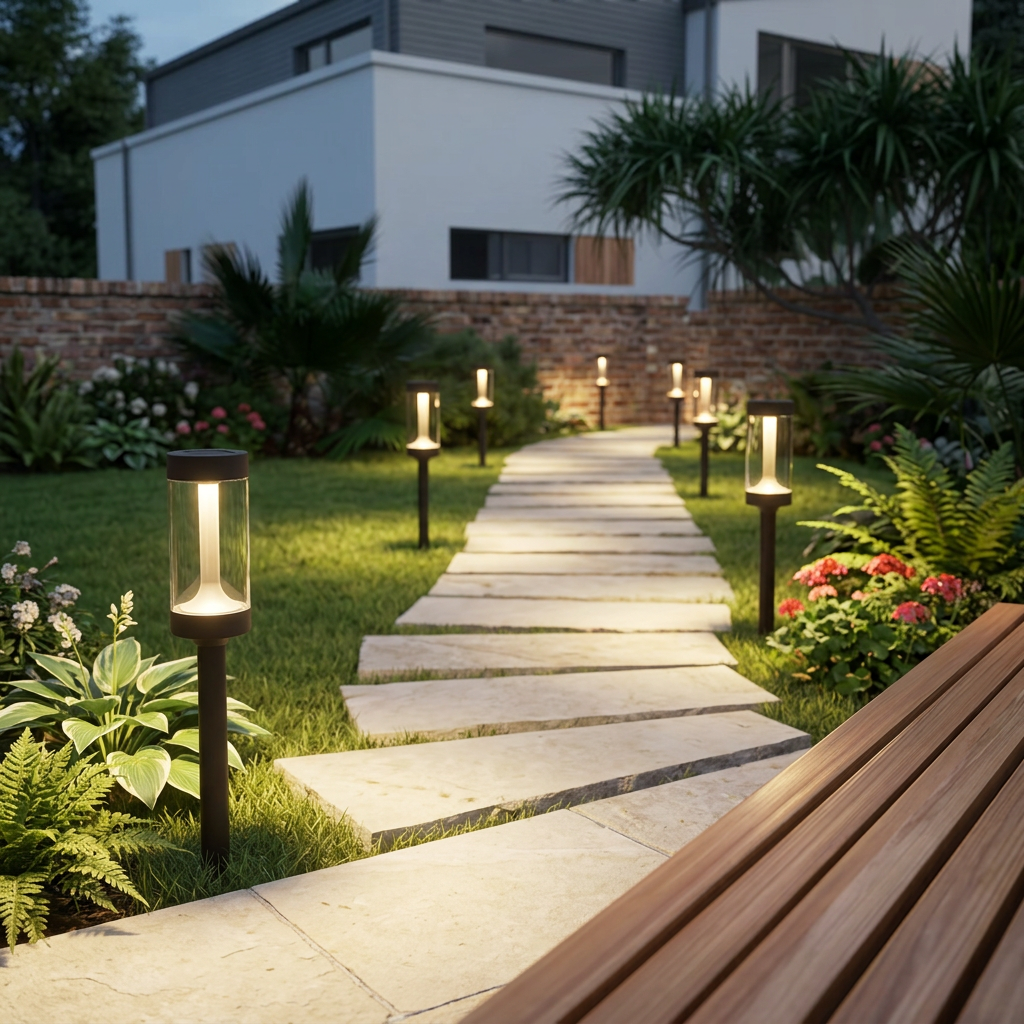 Warm white solar lawn lights lining a modern UK garden pathway