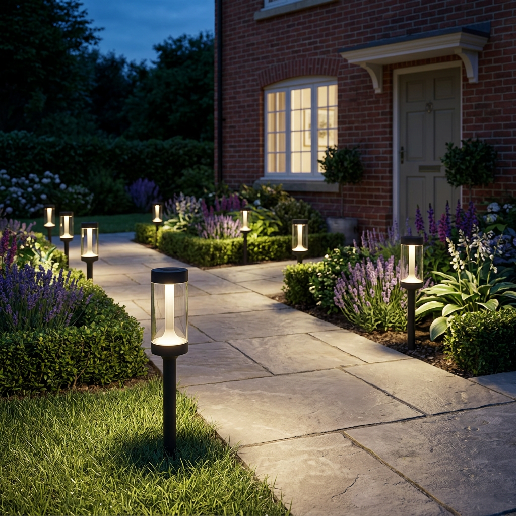 Solar stake lights lighting a UK front garden path to the door