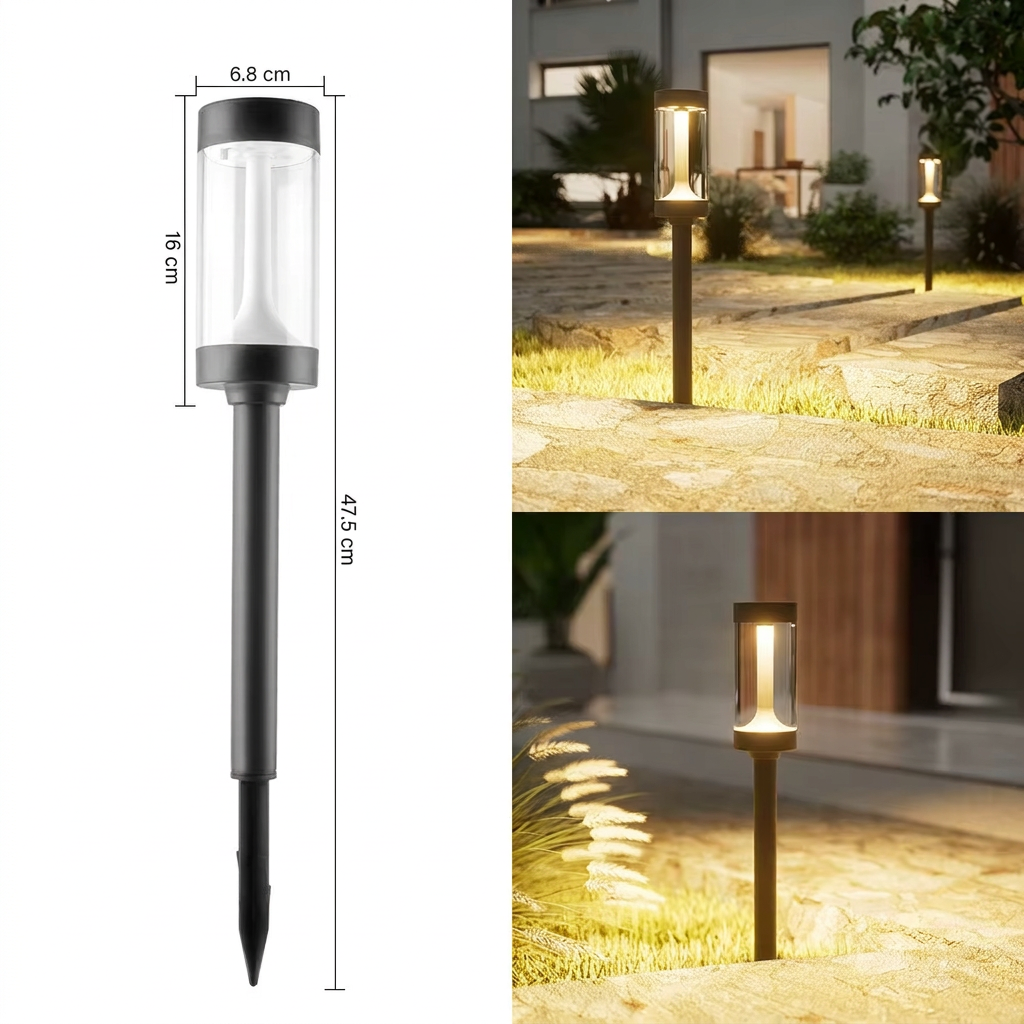 Solar pathway light dimensions: 47.5 cm tall, 6.8 cm wide lantern
