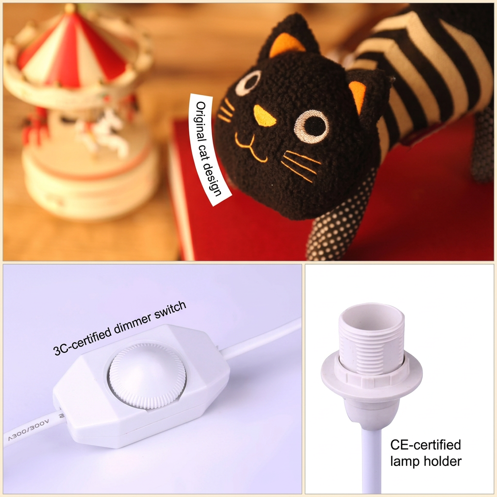 Cat lamp details – embroidered cat face, in-line dimmer switch and E27 lamp holder