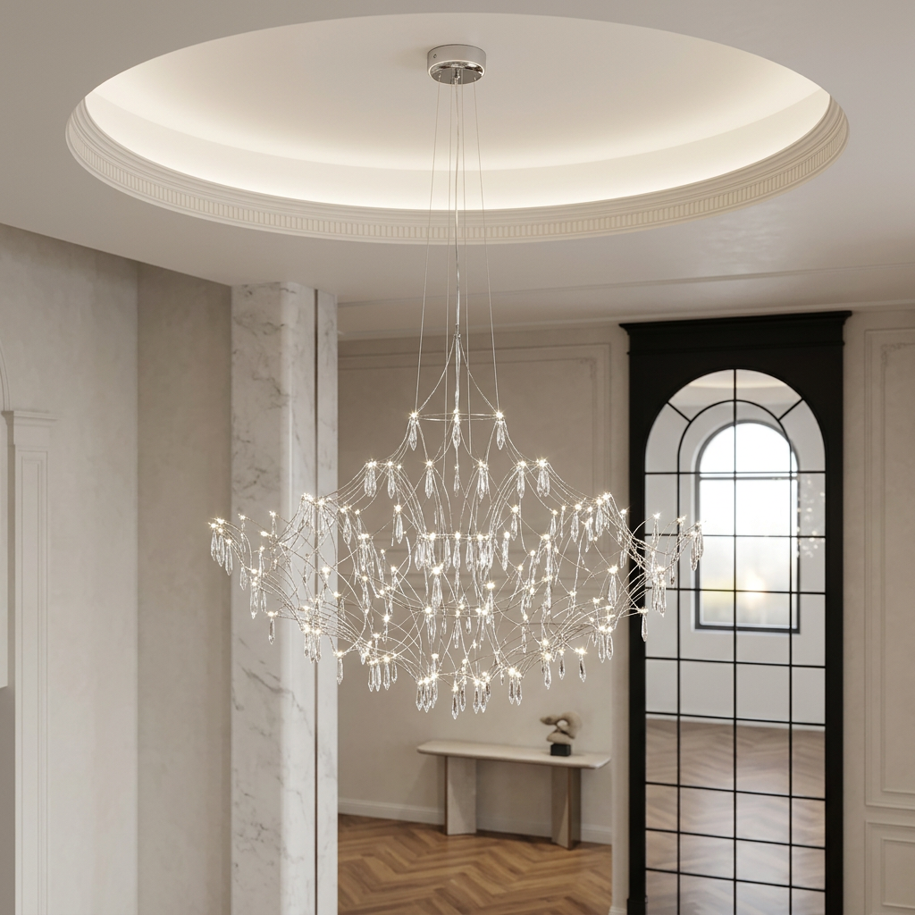 Chrome Celeste crystal chandelier hanging from a domed ceiling in a bright entrance hall