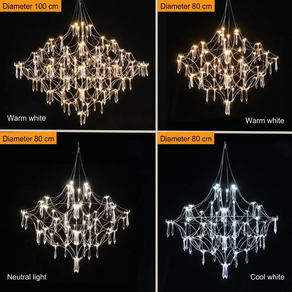 Celeste chandelier light colour comparison: warm white, neutral white and cool white