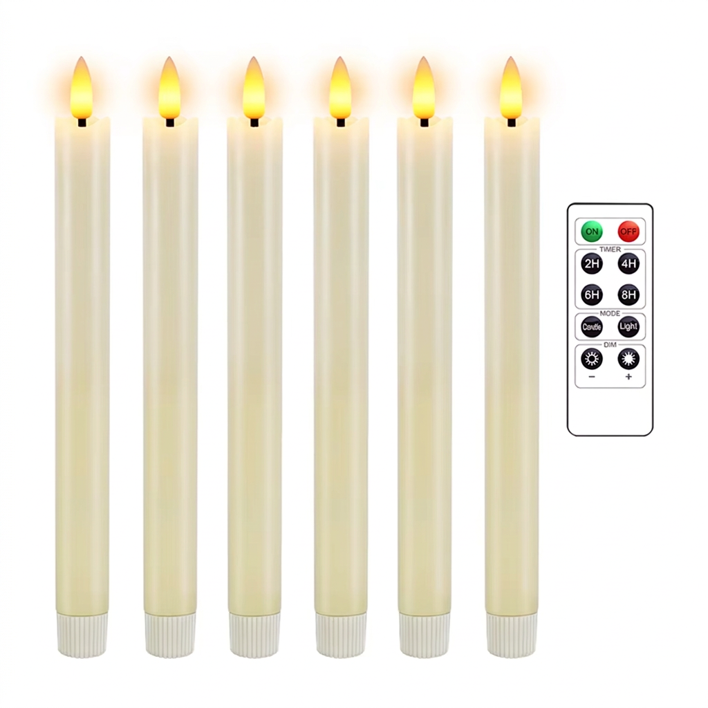 Square clone of six ivory flameless taper candles with remote