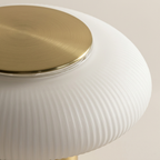 Close-up of the ribbed white frosted glass shade and copper top