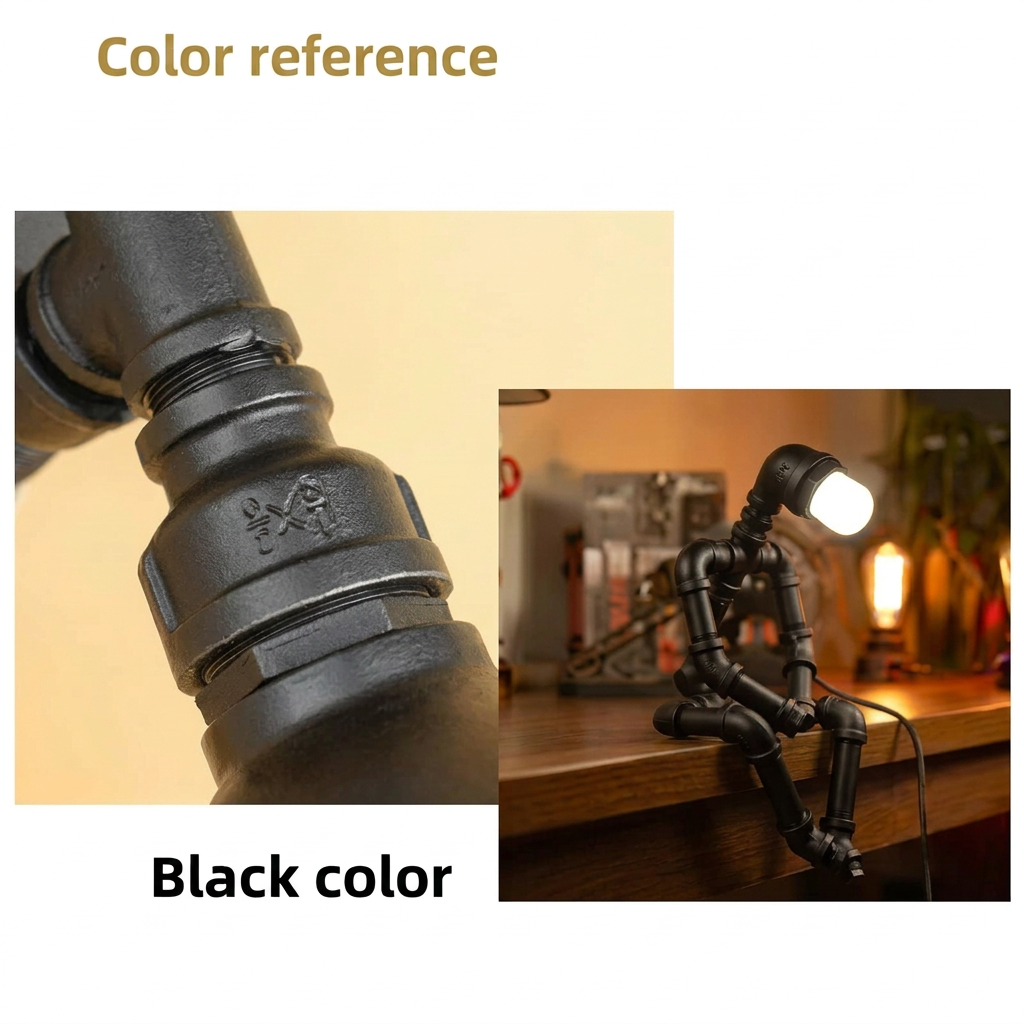 Square colour-reference image with a true black robot lamp body and English labels only