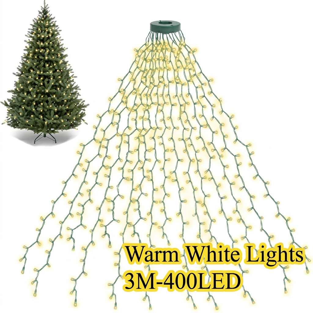 Warm white LED waterfall Christmas tree lights, 3 m with 400 LEDs