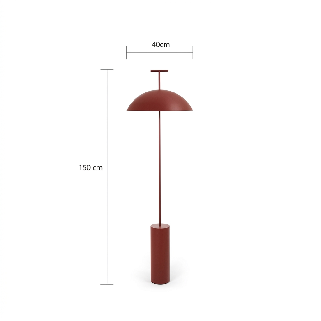 Square dimension image of the red mushroom floor lamp, labelled 40 cm wide and 150 cm tall