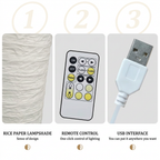 Textured rice paper lampshade, remote control with dimming and colour buttons, and USB-A connector