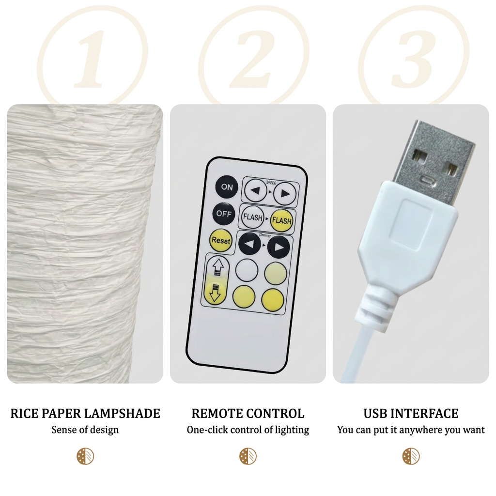Textured rice paper lampshade, remote control with dimming and colour buttons, and USB-A connector