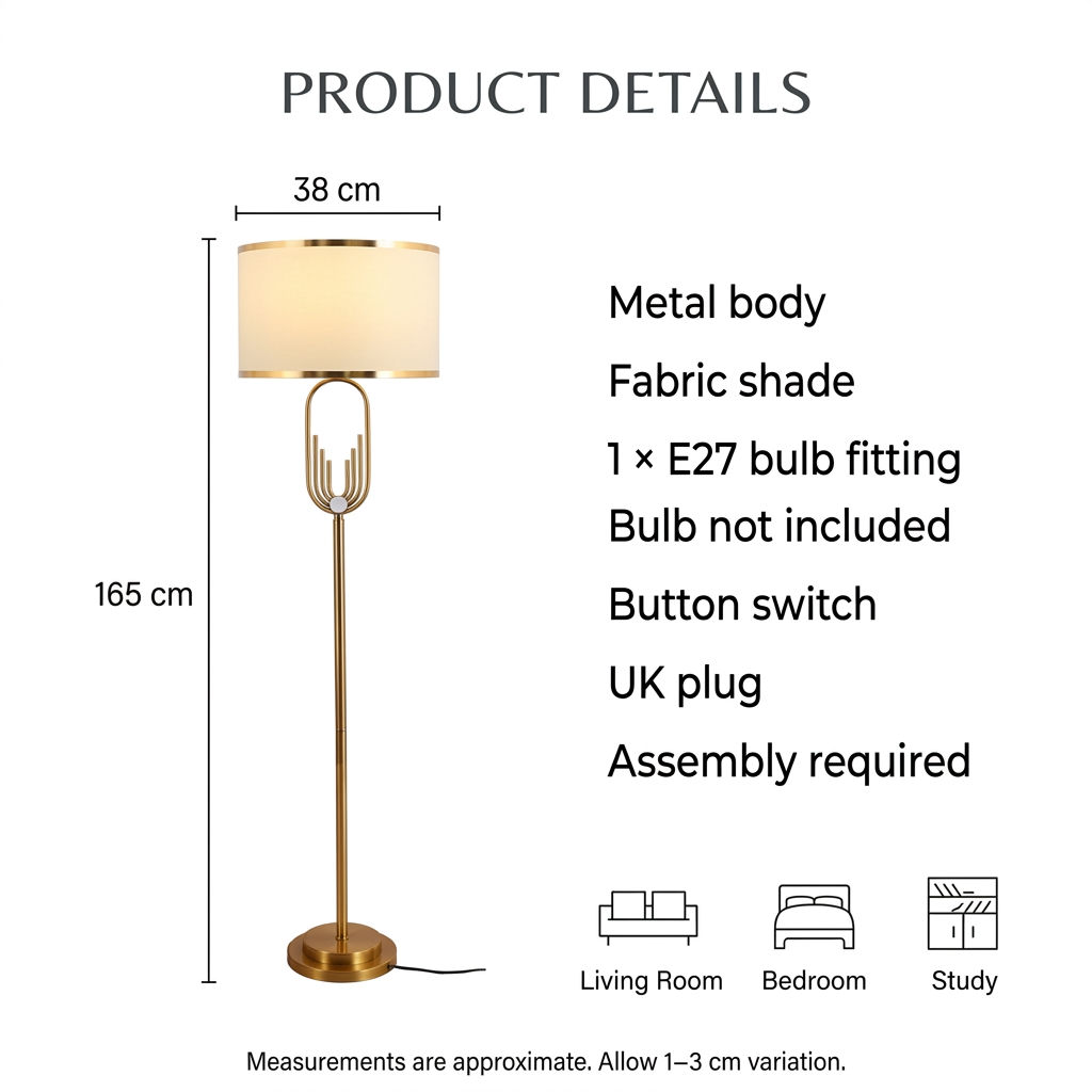 Gold floor lamp product details: metal body, fabric shade, E27, button switch