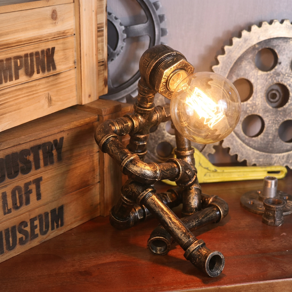 Square image of the illuminated iron pipe robot lamp in a steampunk setting