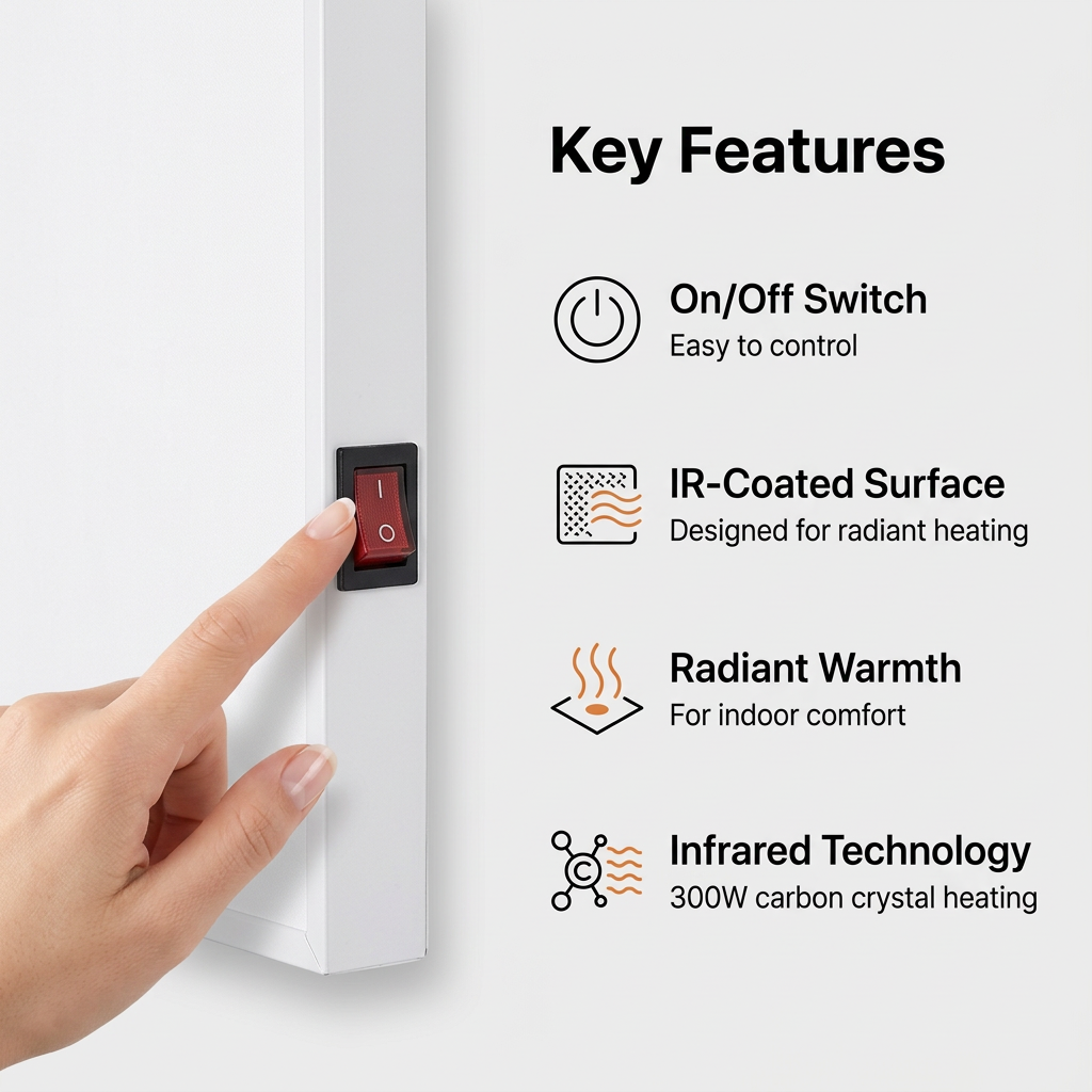 300W infrared heating panel key features – on/off switch, infrared coated surface, radiant warmth