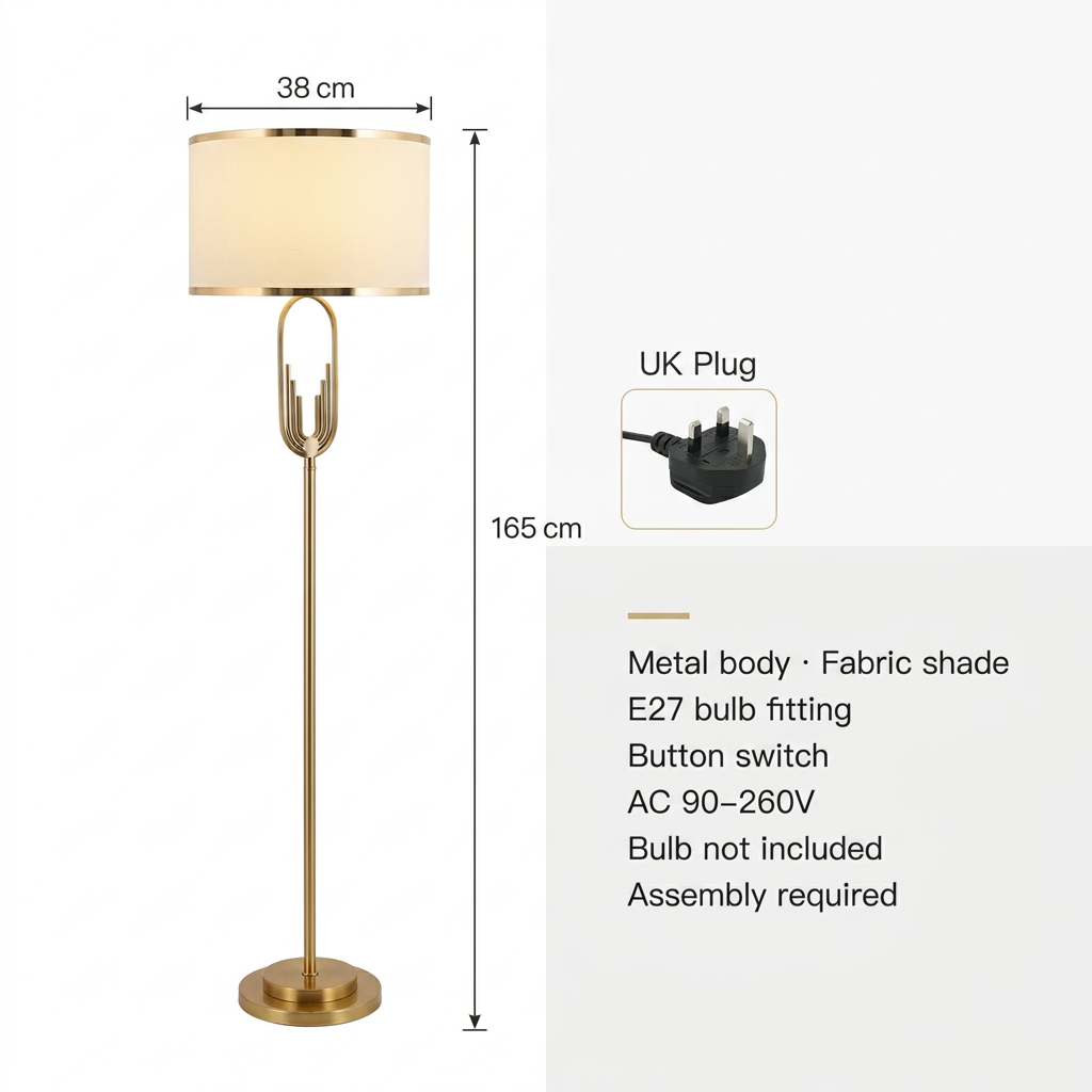 Gold floor lamp dimensions, 165cm high with 38cm shade, and UK plug