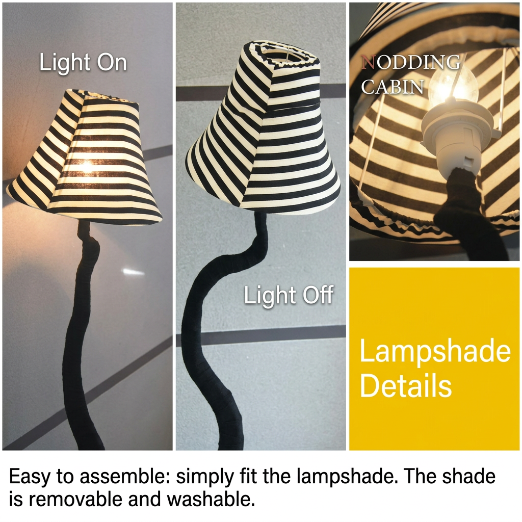 Striped cat lamp shade shown lit and unlit – removable and washable lampshade